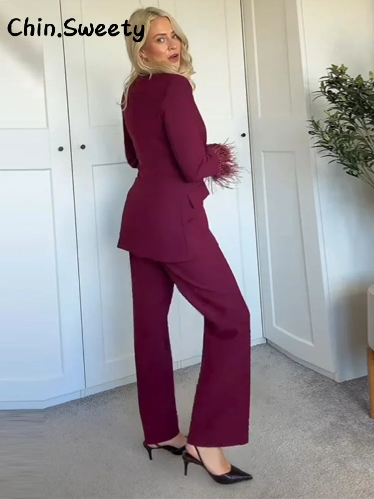 Straße frauen Feder Anzug Blazer Hosen Set Revers Schulter Pads Volle Hülse Jacken Taschen Gerade Hose 2025, Herbst dame Anzug