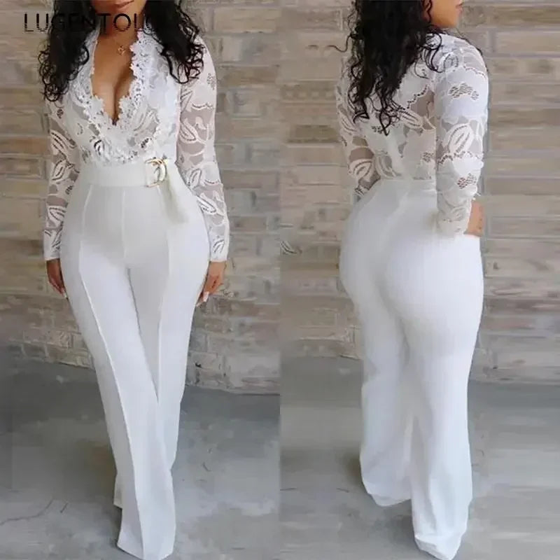 Women White Jumpsuit Lace Stitching Long Sleeve V-neck Large Size Wide Leg Pants Office Lady  Jumpsuits for Woman Lugentolo.