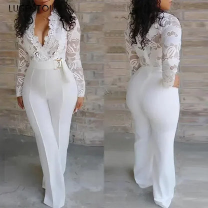 Women White Jumpsuit Lace Stitching Long Sleeve V-neck Large Size Wide Leg Pants Office Lady  Jumpsuits for Woman Lugentolo.