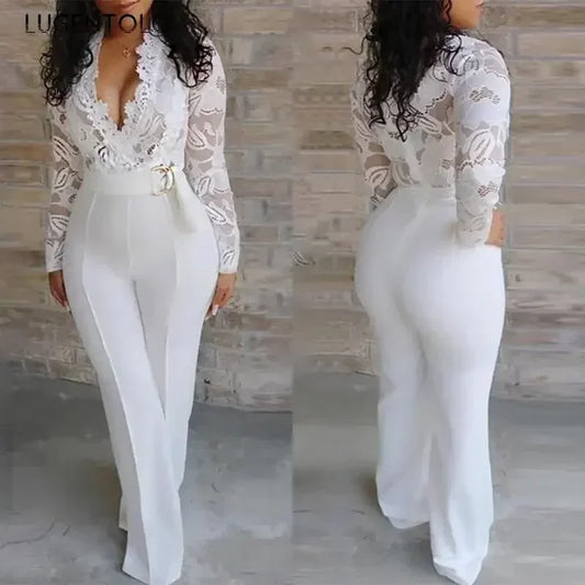 Women White Jumpsuit Lace Stitching Long Sleeve V-neck Large Size Wide Leg Pants Office Lady  Jumpsuits for Woman Lugentolo.