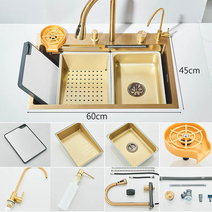 Wasserfall-Küchenspüle aus Edelstahl 304, groß, Einzelschlitz, integriert, 60 x 45 cm, Wasserhahn-Set, Tassenwascher, 3-Wege-ausziehbarer Sprühkopf