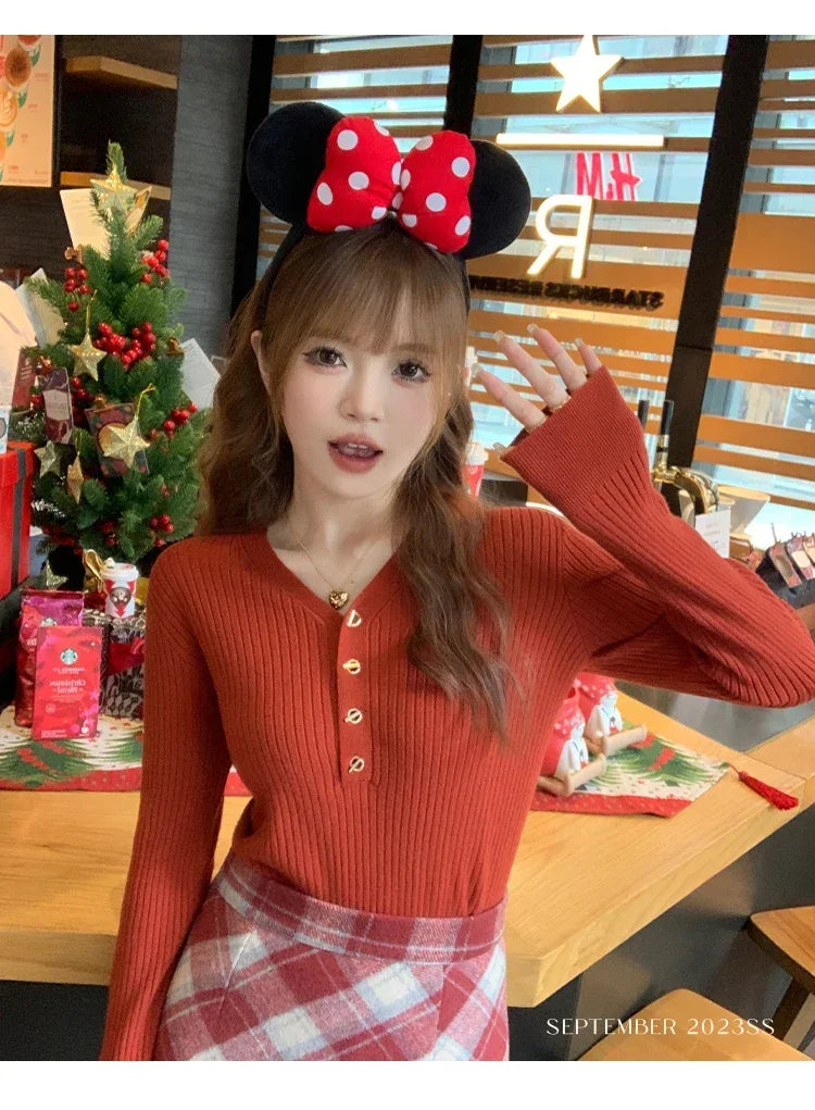 2025 Autumn Winter Women Sweaters Casual Slim Button Knitted Pullover Sweater Femme Basic Solid Jersey Tops Fashion Clothes.