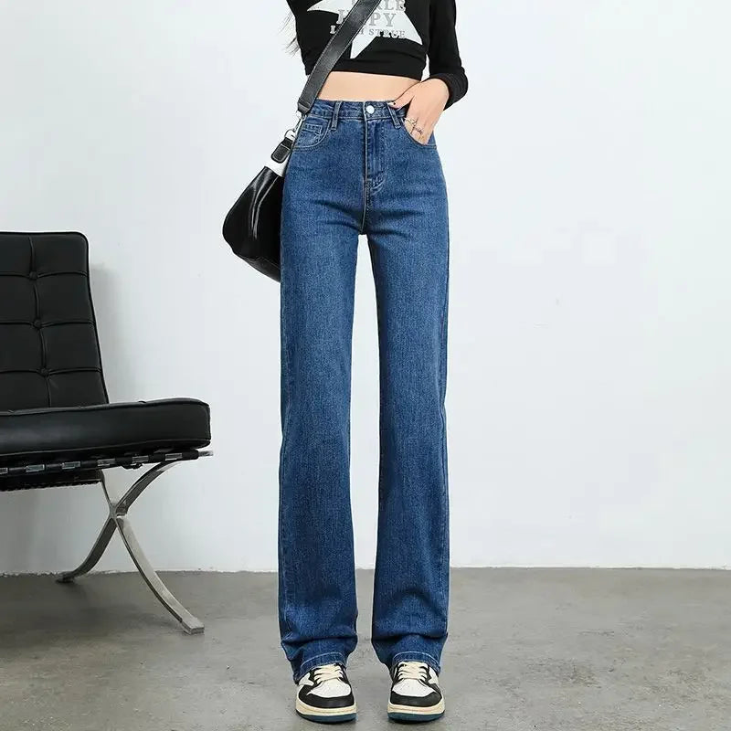 High Waist Elastic Denim Pants Straight Narrow Versatile High Waist Slimming Straight Tube Pants for Spring Autumn New Arrival.