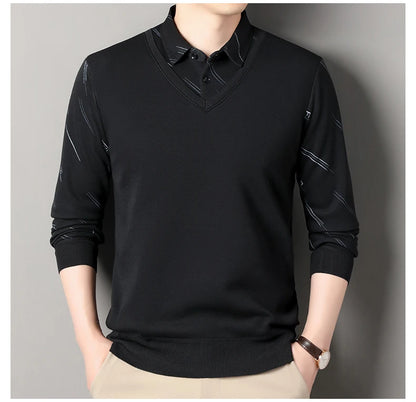 Men's Fleece Lining Sweater Autumn Winter Pullover Polo Shirt Collar Fake Two Piece Thick Warm Top Clothes Casual Knitwear.