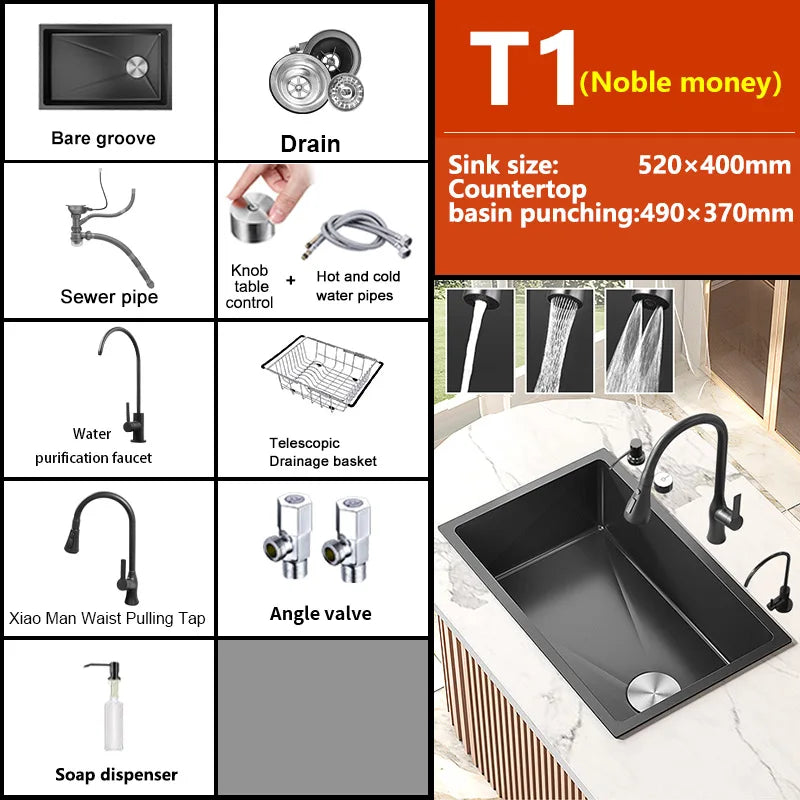 Black Stainless Steel Kitchen Sink Waterfall Sink dishwashing Basin Large Single Sink Household Sink Under The Counter Sink