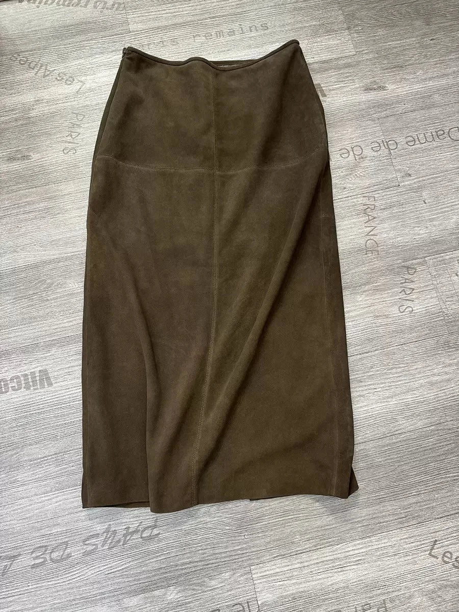 Retro High Grade Suede Real Leather Long Skirt 80cm For Women Upgraded Imported  Jupe Back Split Waist Loop Faldas Ankle-Length.