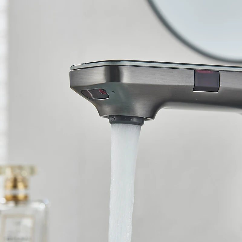 Touchless Sensor Basin Faucet Smart Digital Display Bathroom Sink Faucet Grey Sense Hot Cold Water Mixer Tap Battery Power