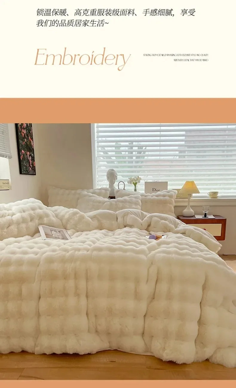 4pcs Grey Rabbit Fur Bedding Set Thick Milk Plush Winter Duvet Cover Warm Bed Sheets, Queen Size Four Piece Set  Bedroom Decor.