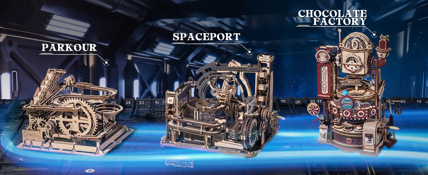 ROBOTIME Rokr Electric Marble Run with Light 3D Puzzle Toys Marble Spaceport Gifts for Kids Children Connect With Night City.