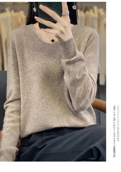 Women 100% Merino Wool Sweater V-Neck Basic Pullover Autumn Winter Cashmere Clothing Long Sleeve Soft Knitwear Tops Solid Color