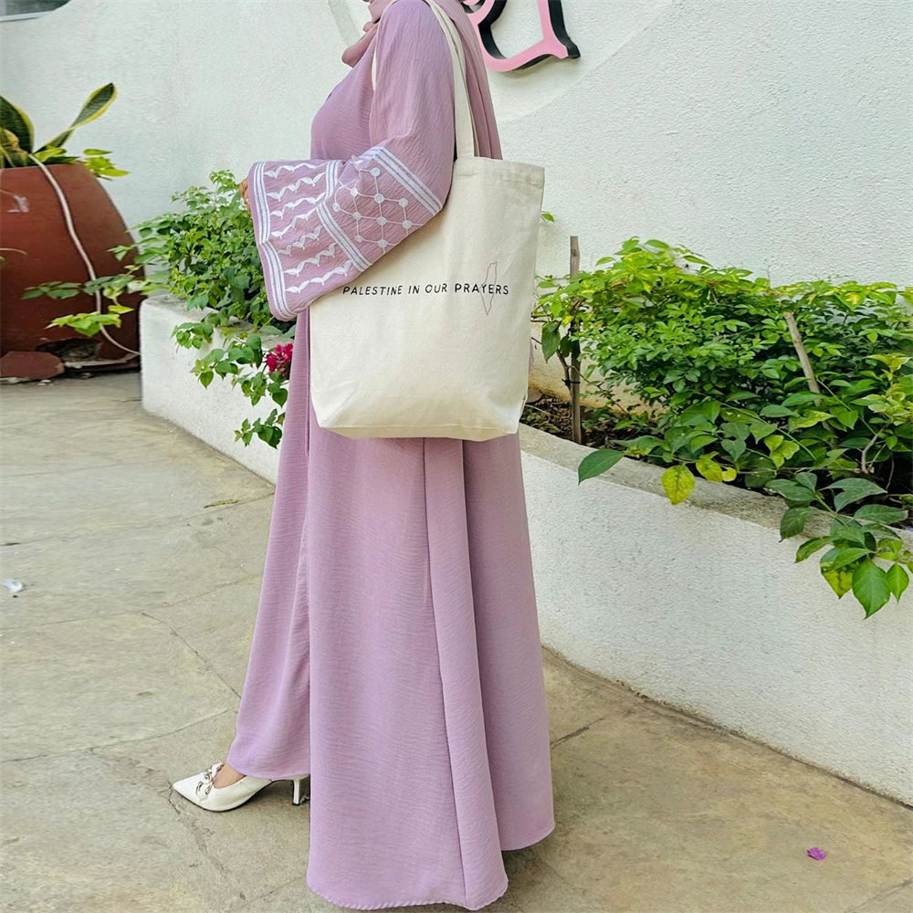 Linen Butterfly Embroidery Open Abaya Dubai Luxury 2024 Muslim Modest Kaftan Kimono Dresses Coat for Women Islam Clothing Kebaya.