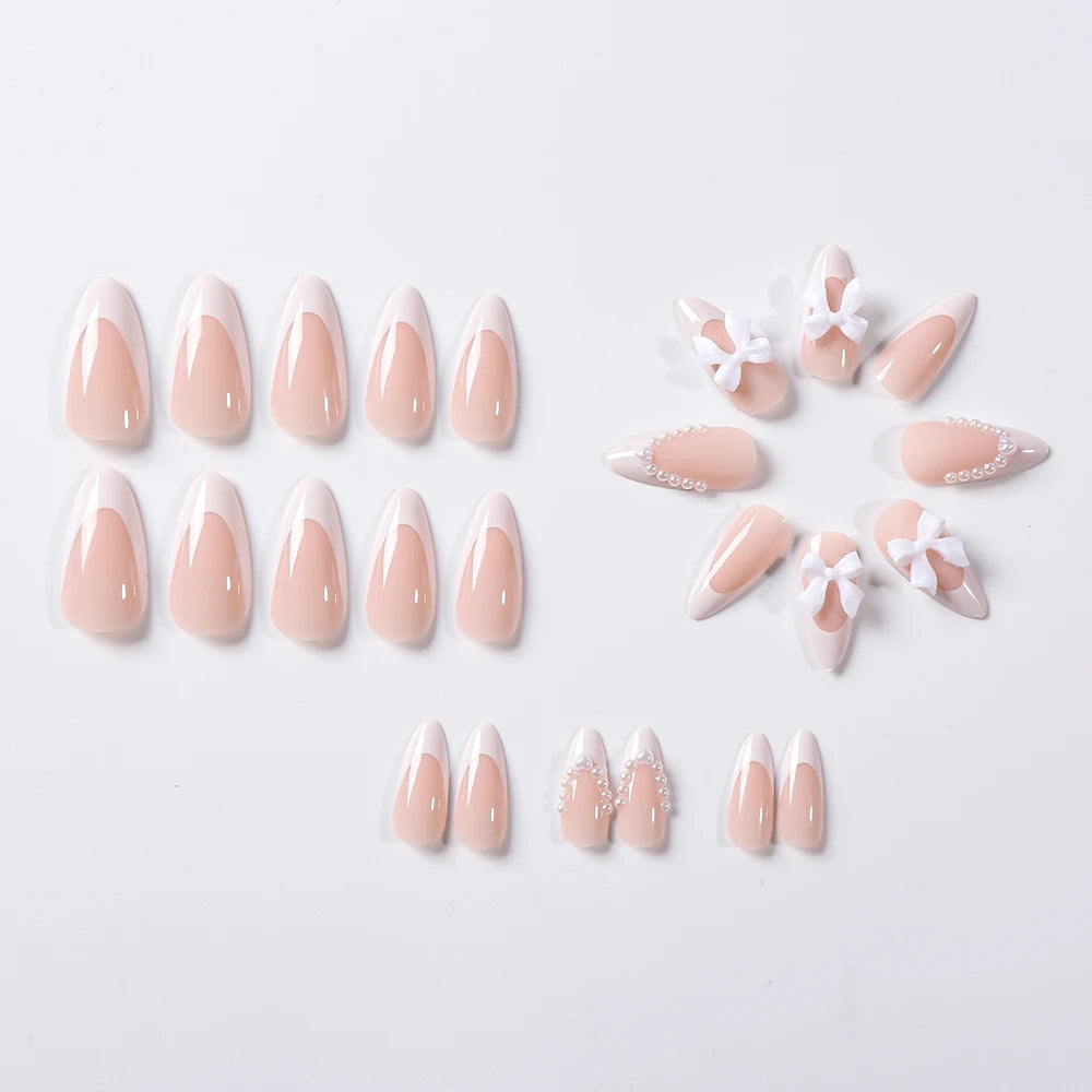 24pcs(+Tools) Pearl Bow Nude Pink Press On Nails White French Fingertips Almond Full Cover Fasle Nails New Year Nail Accessories.