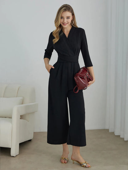 Elegant Pure Color V-Neck Sleeveless Wide Leg Jumpsuit Women's Spring Autumn Fashionable Comfortable Polyester One-Piece Suit.