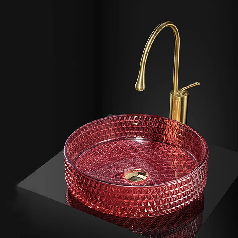 Luxuriöses Waschbecken aus Kristallglas, Badezimmer-Waschbecken, rosa Arbeitsplatte, Kunstbecken, rundes Mini-Schüsselbecken, Waschraum-Waschbecken mit Wasserhähnen
