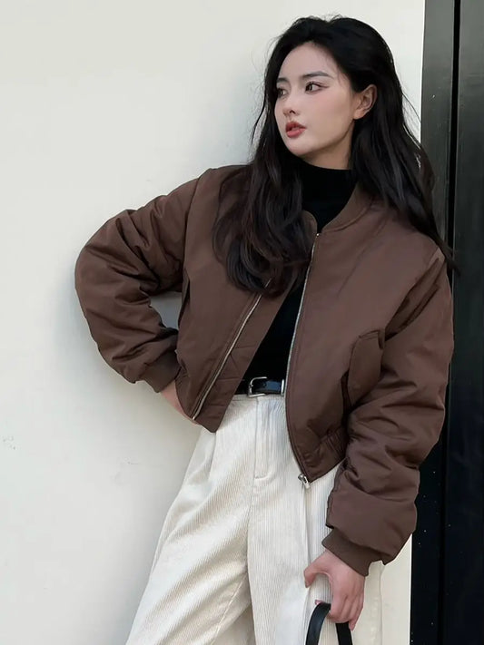 Damen-Bomberjacken, locker, einfarbig, kurz, Winter, braun, für Damen, Baseball-Fliegermäntel, günstige Angebote, neue Produkte, hübscher, schicker Luxus