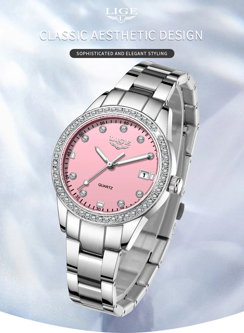 LIGE 2025 Diamond Women's Watch Fashion Elegant Quartz Wristwatches Waterproof Steel Strap Watch For Ladies Gifts Reloj Mujer.