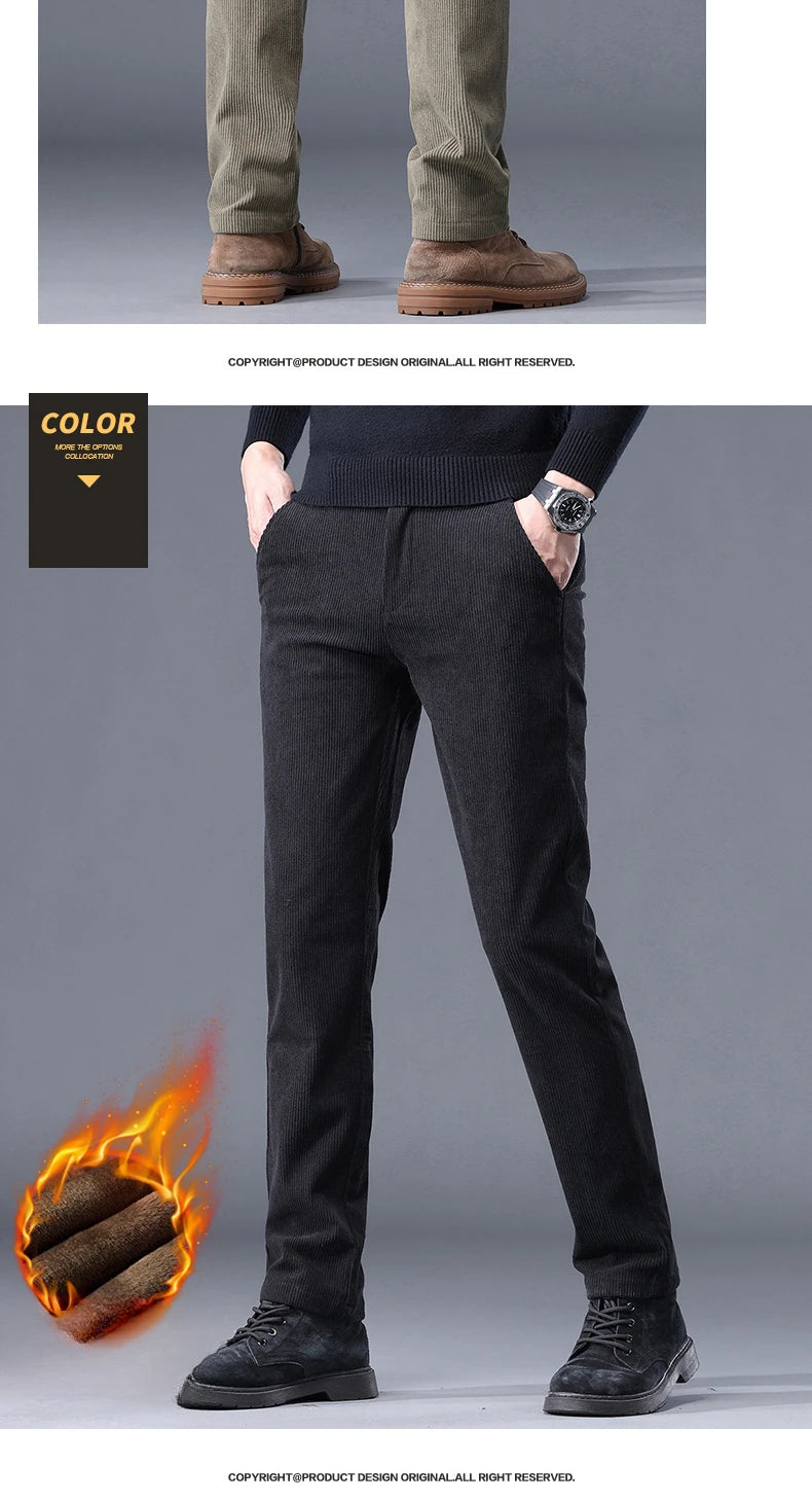 Khaki Black Gray Fleece Men's Corduroy Casual Pants Chenille Thick Stretch Business Trousers Mid-rise Brand Winter Thermal Pants.
