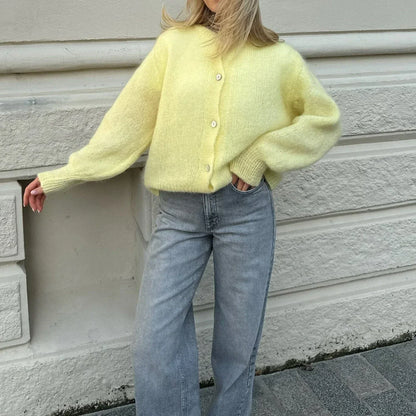 Women Solid Knitted Single Breasted Cardigan O-neck Long Sleeve Loose Soft Sweater 2024 Autumn Lady Knitwear ﻿.
