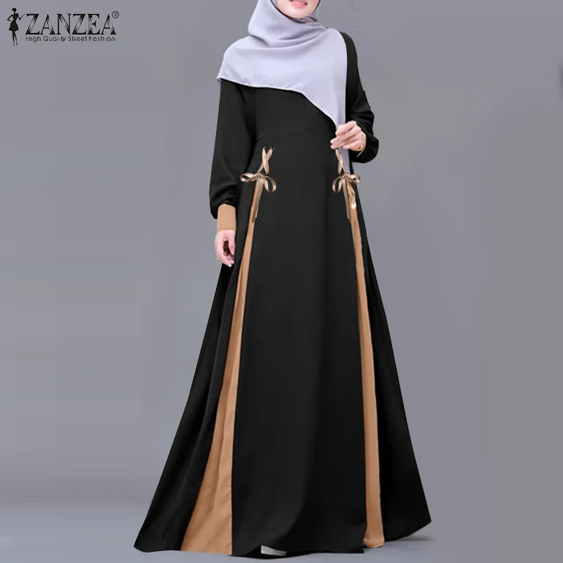 ZANZEA Mode Frauen Langarm Muslimischen Abaya Kleid Frühling Patchwork Maxi Kleider Robe Femme IsIamic Vestidos Lace Up Sommerkleid