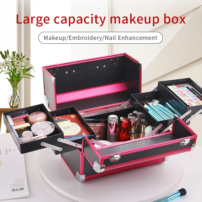 Makeup Train Case Pro Adjustable 4 Sliding Trays Cosmetic Case Storage Organizer Box Lockable Compartments.