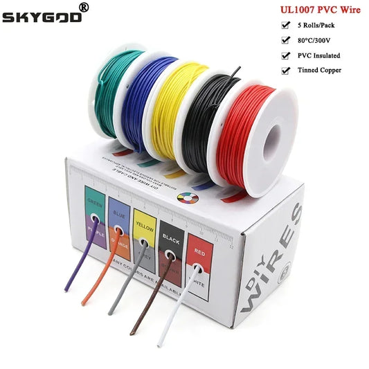 （5 Colors Mix Kit）UL1007 Wire PVC Insulation Tinned Copper Cable Stranded Electrical Line 30/28/26/24/22/20/18/16 AWG PCB Wire.