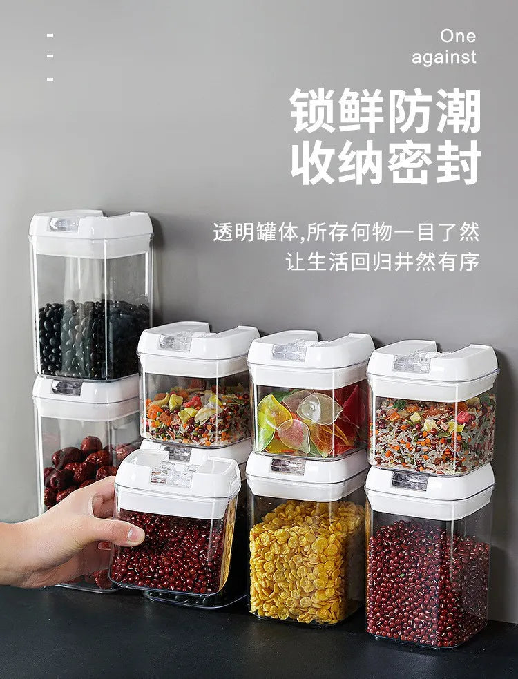 Kitchen Plastic Container Organizer Moisture-Proof Sealed Tank Square Transparent Grain Storage Jar Dried Fruit Snack Box Cans.