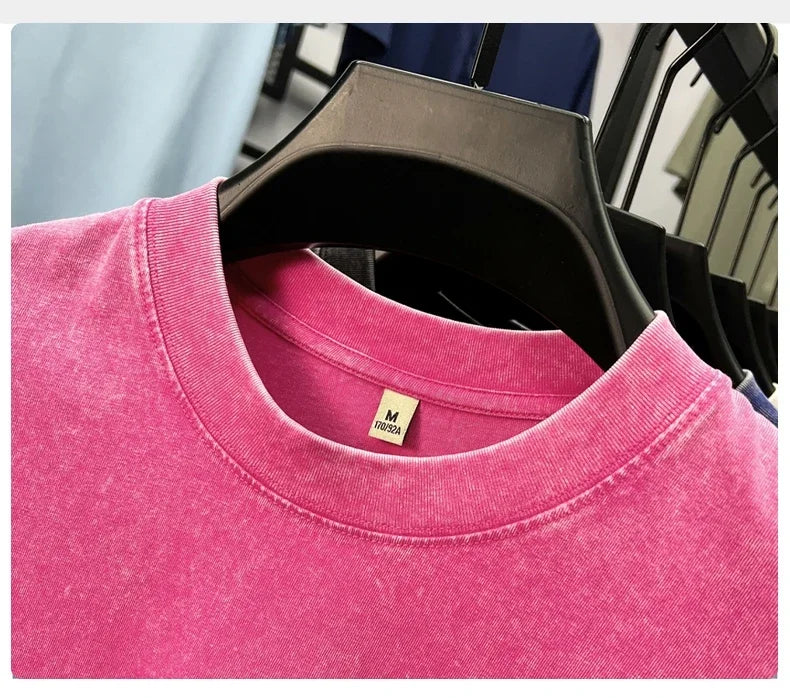 Personality washed vintage short sleeve T-shirt high-end 100% pure cotton men fashion round neck comfort lightweight casual top