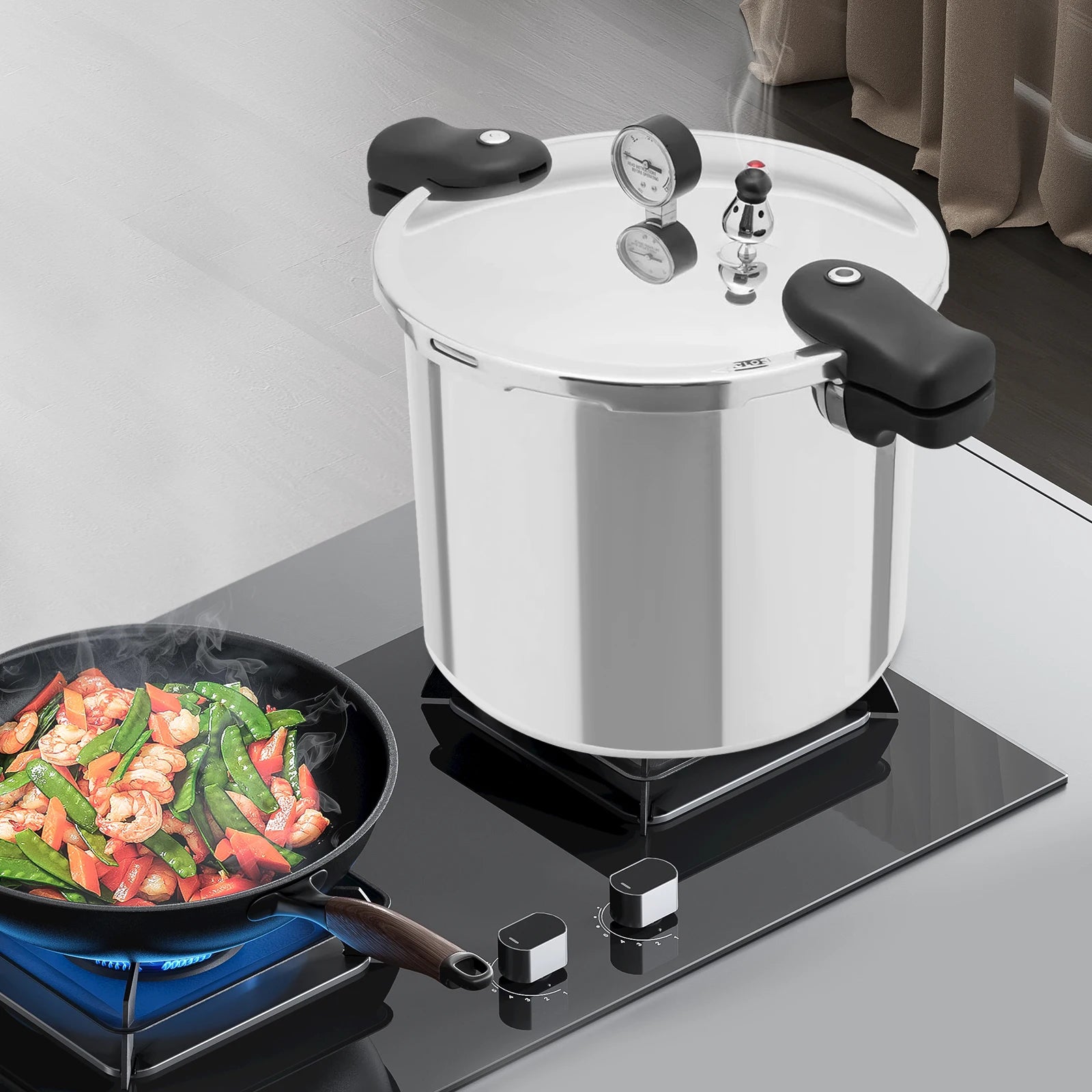 22L Large Capacity Pressure Canned Pot With Pressure Gauge Release Valve, Silver New Model.