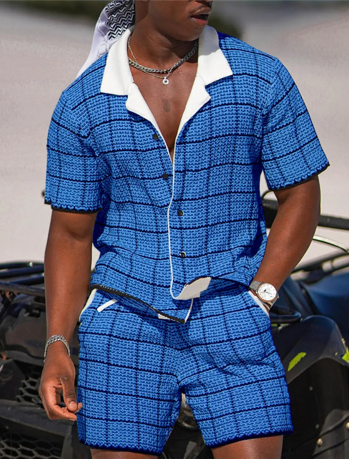 Men's Plaid Geometric Pattern Two-piece Shirt Hawaiian Short Sleeve Shirt Shorts Fashion Street Design Outdoor Nightclub Print.