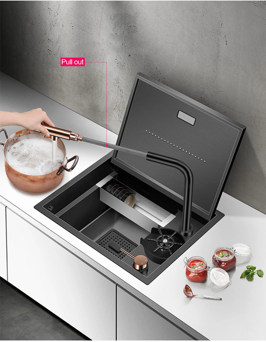 ASRAS Hidden Bar Island kitchen Sink Nanometer SUS 304 Flip Cover Hidden Handmade Small Size kitchen Sinks With Cup Rinser