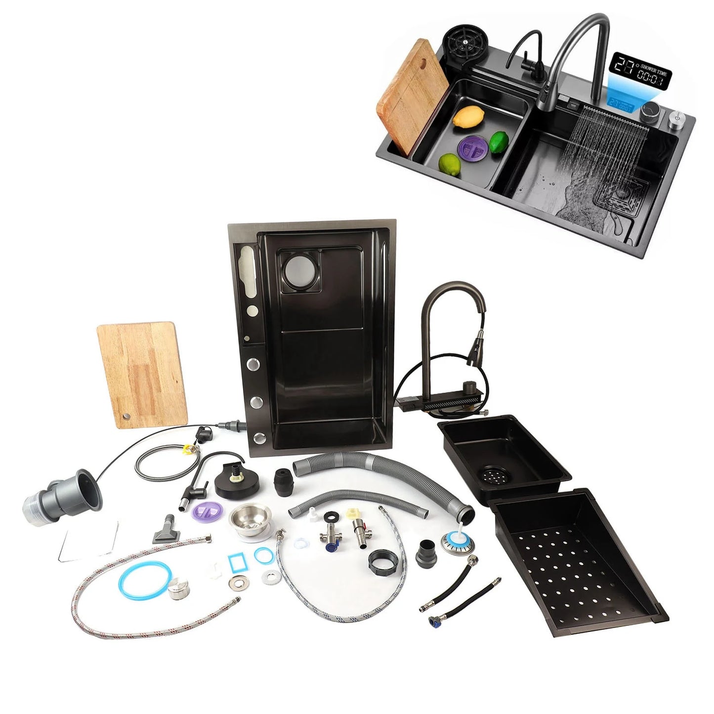 Küchenspüle unter der Theke, 68 x 45 cm, verdickter Edelstahl, Digitalanzeige, Küchenspüle, Küchenspüle, Unterbauwaschbecken