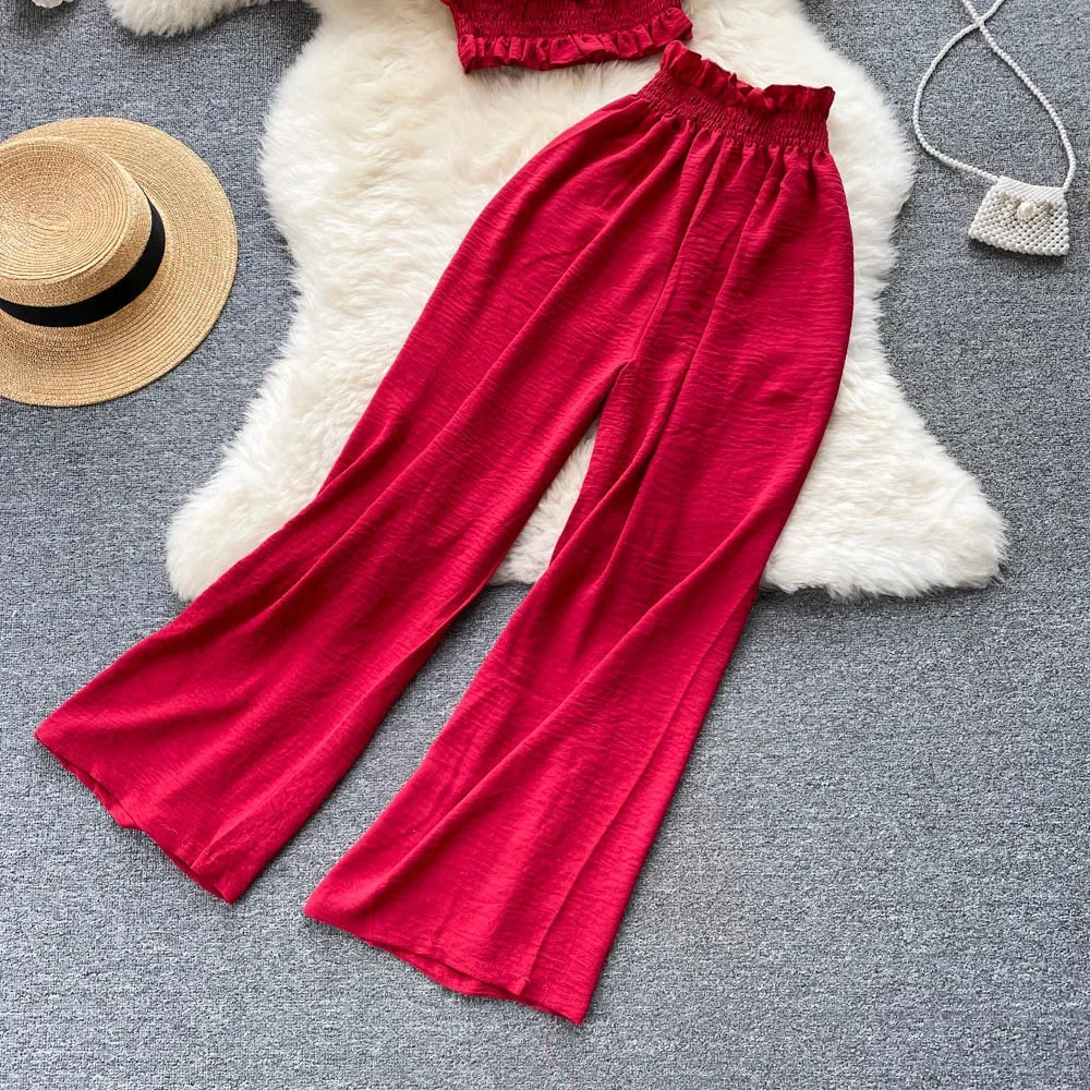 2024 Summer Green/Black/Red Two Piece Set Women Sexy Slash Neck Short Tops + High Waist Wide Leg Pants Female Suit New.