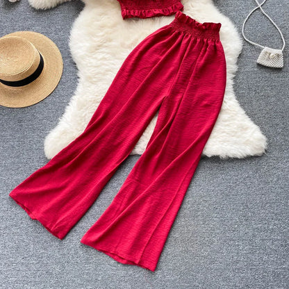 2024 Summer Green/Black/Red Two Piece Set Women Sexy Slash Neck Short Tops + High Waist Wide Leg Pants Female Suit New.