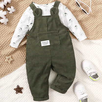 3-24 Monate Baby niedlichen kleinen Bären bedruckte Kleidung Set weiß lang ärmel ige Top grüne Riemen Hose Herbst Set für Kleinkind Mädchen.