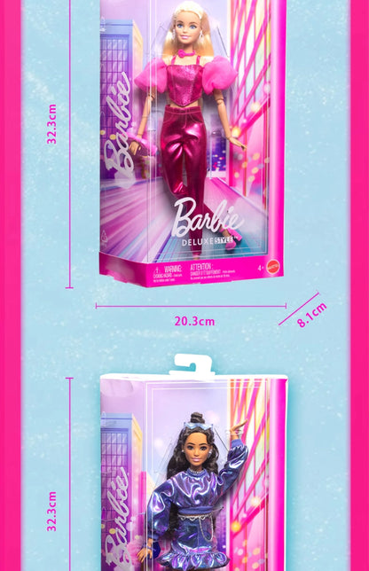 Genuine Barbie Deluxe Style Dolls Pink Dress Outfit Blond Hair Knot Bow Accessories Mesh Tights Toys For Girls Sweet Gift.