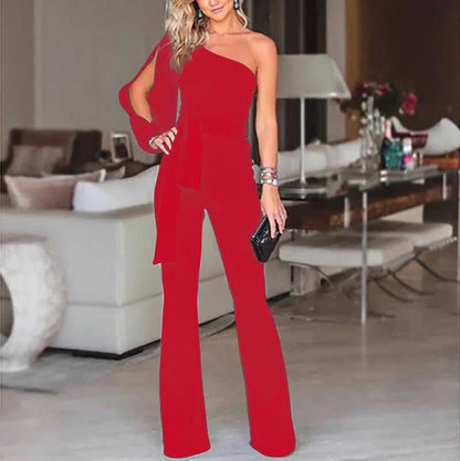 Temperament Solid Color Slim Jumpsuits Women Sexy Off Shoulder Slant Collar High Waist Leace-up Bodycon Jumpsuit Streetwear 2024