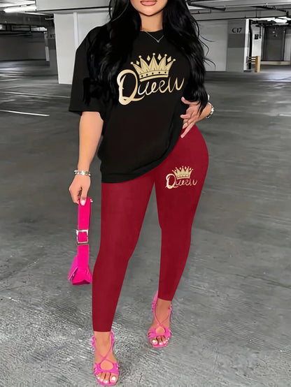 2024 New Summer Women's Printed Comfortable Casual Set 2 piece sets women outfit pants set queen letter printed Short Sleeve Top.