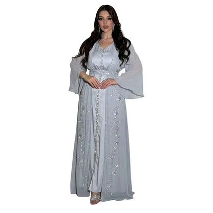 Muslim Set Dress Women Four-season Commute Muslim Set Fashion Party Dubai Turkey Long Sleeve Chiffon Cardigan Dress and Vest 2ps