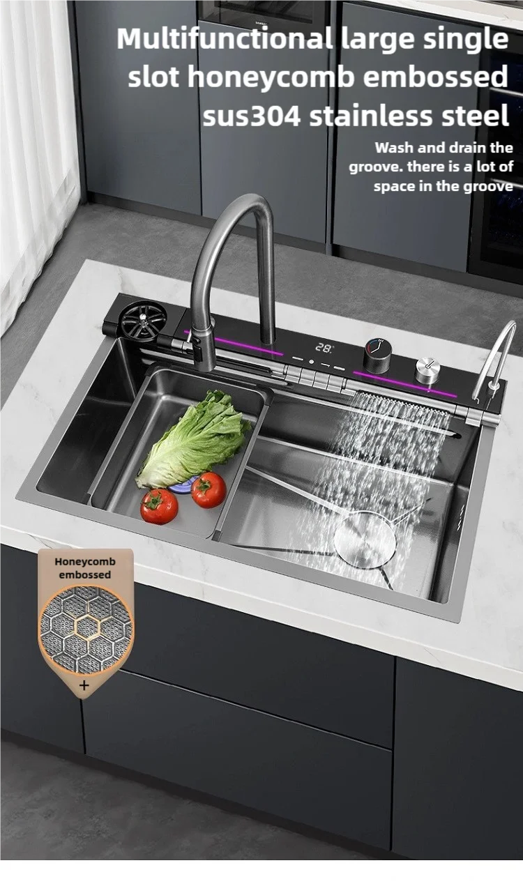 Stainless Steel Kitchen Sink Waterfall Faucet Large Single Sink Intelligent Dishwasher Sink Digital Display and Light Effects