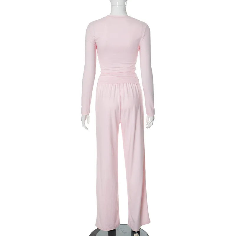 Apprabant Solid Pleated Casual Basic Trousers Set Round Neck Long Sleeve Top Fashion Sports Style High Waist Wide Leg Pants Suit.