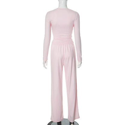 Apprabant Solid Pleated Casual Basic Trousers Set Round Neck Long Sleeve Top Fashion Sports Style High Waist Wide Leg Pants Suit.