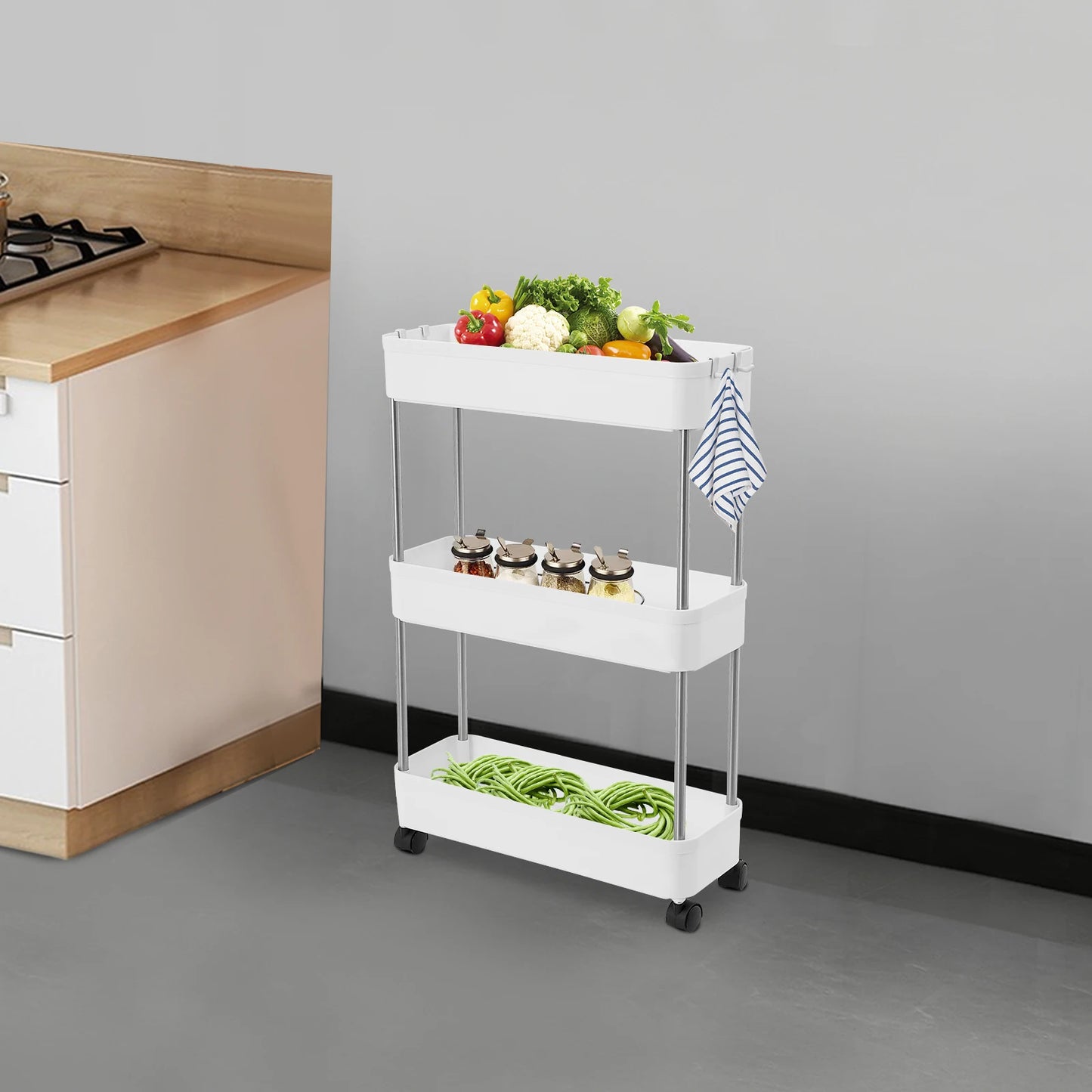 3-lagiges Rollwagen-Regal, bodenstehendes Lagerregal mit 4 Universalrädern, 4 Haken, Küche, Badezimmer, Organizer