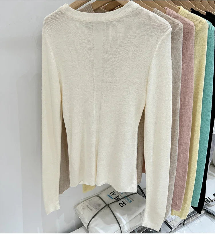 Spring  Basic O-Neck Slim T-Shirt Women Solid Multi Color All-Match Trend Casual Top Screw Knit Long Sleeve Elastic Office Lady.
