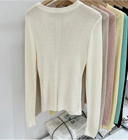 Spring  Basic O-Neck Slim T-Shirt Women Solid Multi Color All-Match Trend Casual Top Screw Knit Long Sleeve Elastic Office Lady.