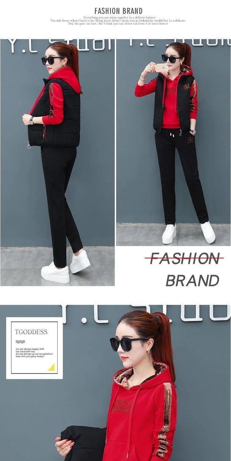 2024 Autumn Winter New Women's Casual Sweat Suit Fashion Plush Thickened Hooded Tops Waistcoat Pants 3 Three Piece Set For Women.