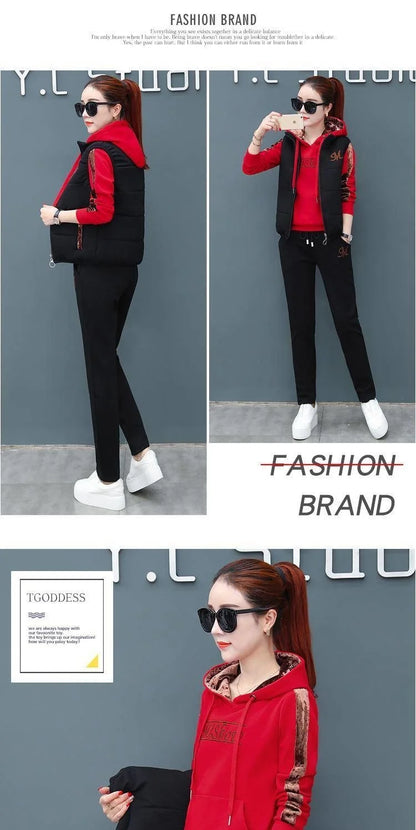 2024 Autumn Winter New Women's Casual Sweat Suit Fashion Plush Thickened Hooded Tops Waistcoat Pants 3 Three Piece Set For Women.