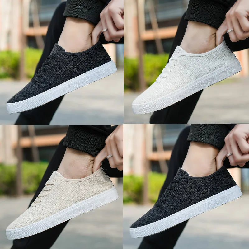 Men's Canvas Shoes Summer Breathable Lightweight Korean Style Shallow Mouth Loafers Non-slip Casual Lace Up Walking Sneakers.