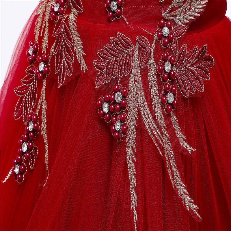 5018 rotes Mädchen-Prinzessinnenkleid mit bestickten Perlen für 3 bis 12 Jahre Mädchen-Schwanz-Partykleid für Kinder, Schulperformance-Kostüme.