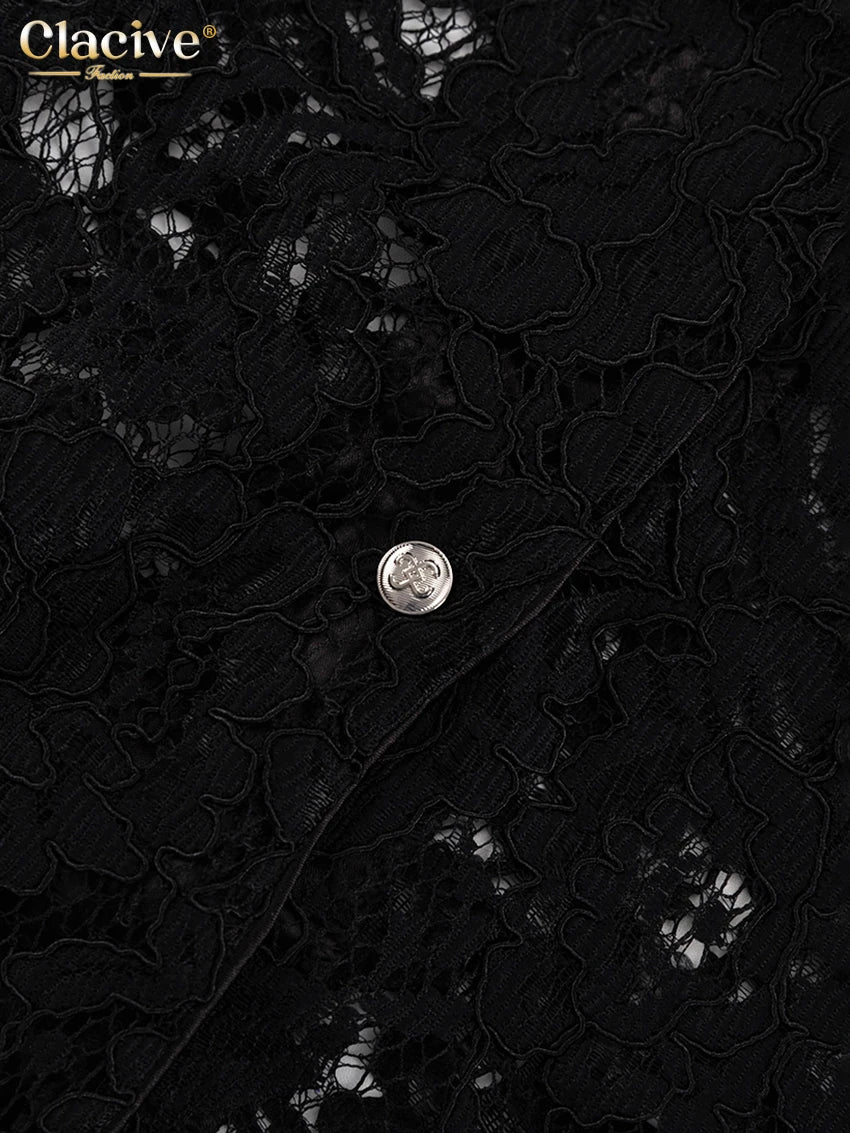 Clacive Sexy Loose Black Lace See Through Trousers Sets Women 2 Pieces Fashion Long Sleeve Shirt With High Waist Wide Pants Set.