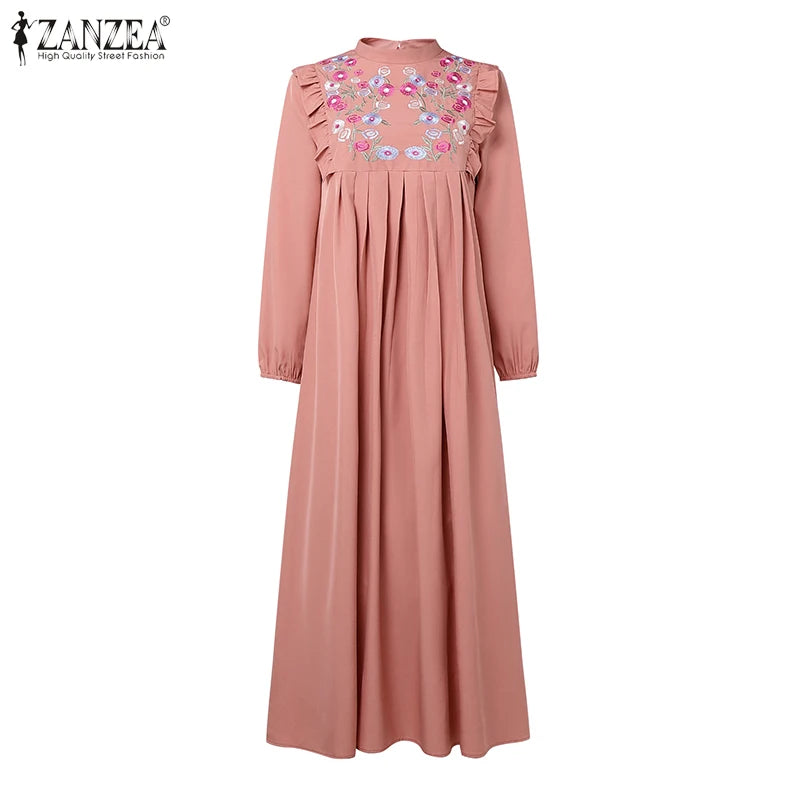 2025 Autumn Muslim Dresses Abaya ZANZEA Women Elegant Long Sleeeve Floral Dress Dubai Robe IsIamic Clothing Maxi Long Sundress.
